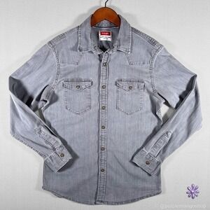 Wrangler Western Pearl Snap Denim Button Up Shirt | Grey | Mens | MEDIUM